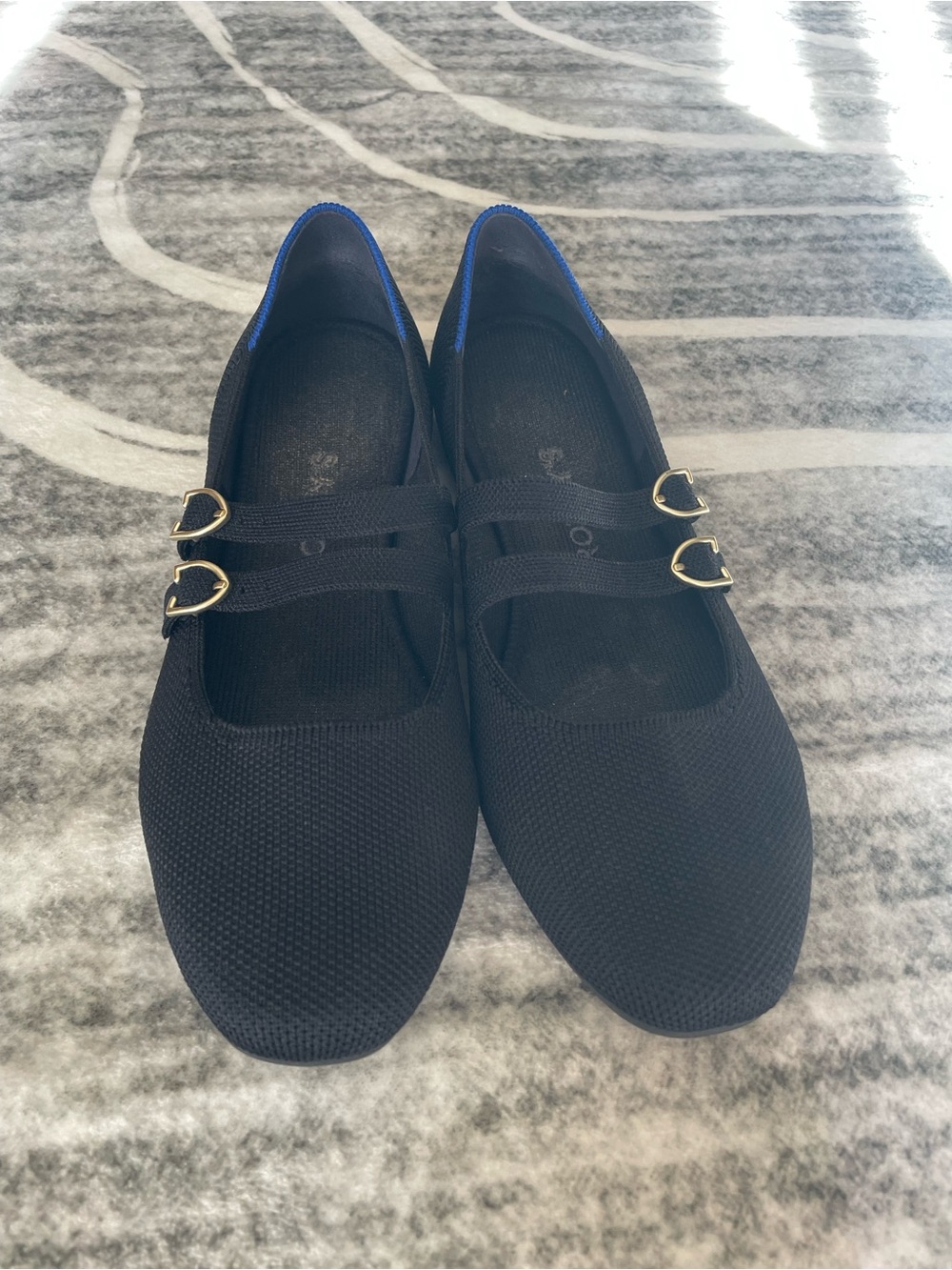 Women's Black Double-Strap Mary Jane Flats with Gold Buckles